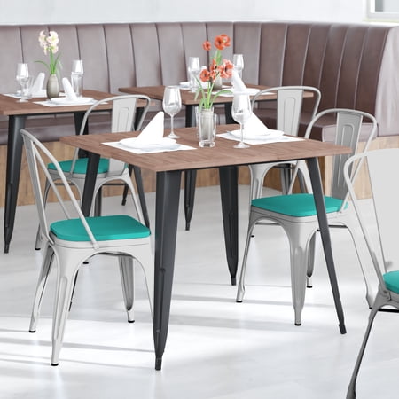 BizChair Commercial Grade White Metal Indoor-Outdoor Stackable Chair with Mint Green Poly Resin Wood Seat