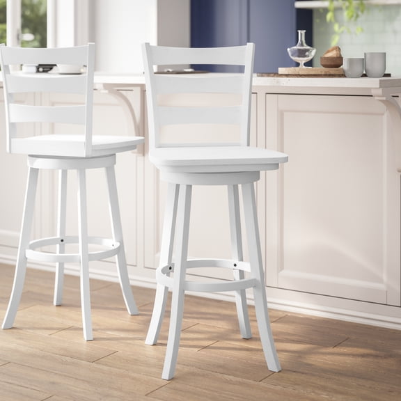 BizChair Commercial Grade Wooden Classic Ladderback Swivel Bar Height Barstool with Solid Wood Seat, Antique White Wash