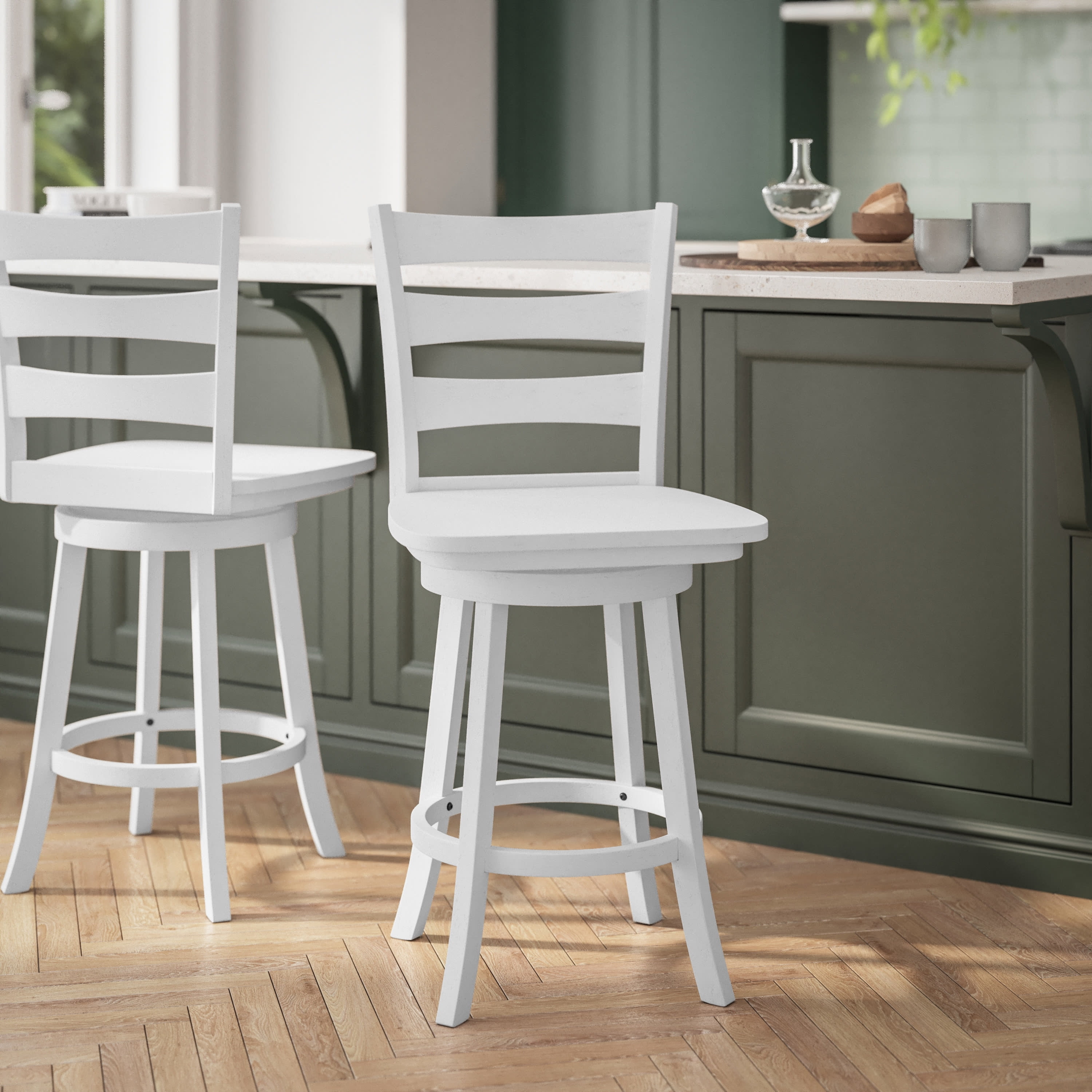 Antique White Wash Wooden Swivel Counter Height Barstool
