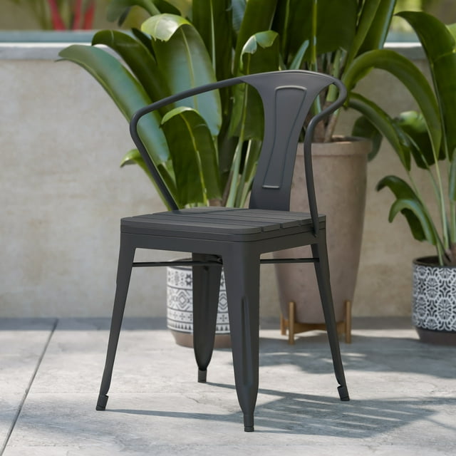 BizChair Commercial Indoor/Outdoor Black Stacking Arm Chair with Vertical Slat Back and Poly Resin Slatted Seat, Set of 2