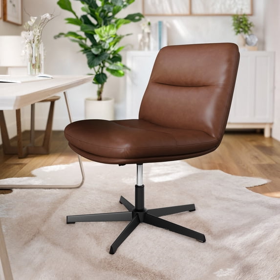 BizChair Commercial Wide Mid-Back Cognac Padded LeatherSoft Armless Stationary Task Office Chair with Adjustable Height, Swivel Function, and Black Frame