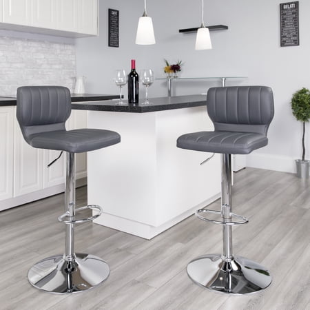 BizChair Contemporary Adjustable Height Bar Stool with Vertical Stitch Back, Gray Vinyl (Set of 2)
