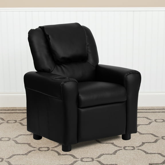 BizChair Contemporary Black LeatherSoft Kids Recliner with Cup Holder and Headrest