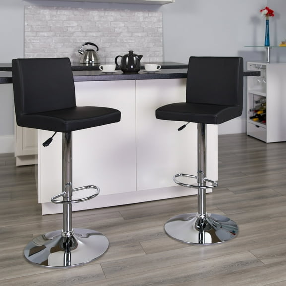 BizChair Contemporary Black Vinyl Adjustable Height Barstool with Panel Back and Chrome Base