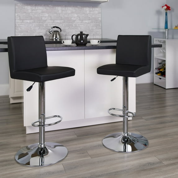 BizChair Contemporary Black Vinyl Adjustable Height Barstool with Panel Back and Chrome Base