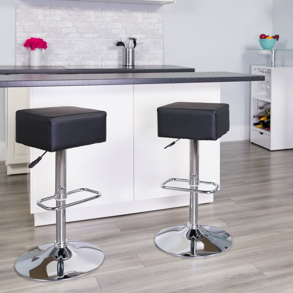 BizChair Contemporary Black Vinyl Adjustable Height Barstool with Square Seat and Chrome Base