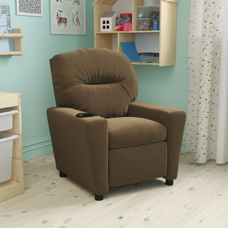 BizChair Contemporary Brown Microfiber Kids Recliner with Cup Holder