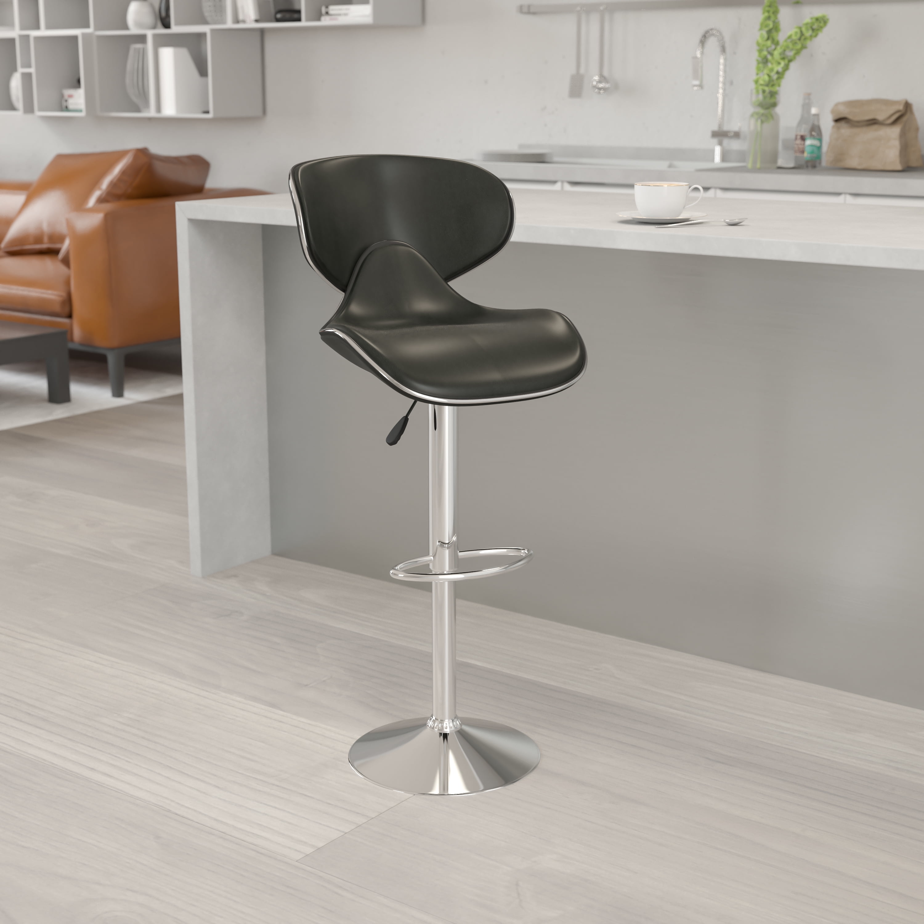 Black Vinyl Adjustable Height Swivel Barstool with Chrome Base