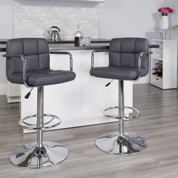 BizChair Contemporary Gray Quilted Vinyl Adjustable Height Barstool with Arms and Chrome Base