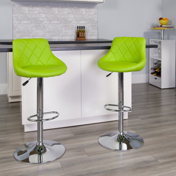 BizChair Contemporary Green Vinyl Bucket Seat Adjustable Height Barstool with Diamond Pattern Back and Chrome Base