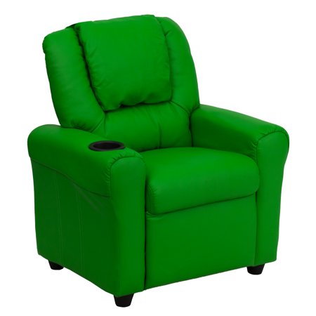 BizChair Contemporary Green Vinyl Kids Recliner with Cup Holder and Headrest