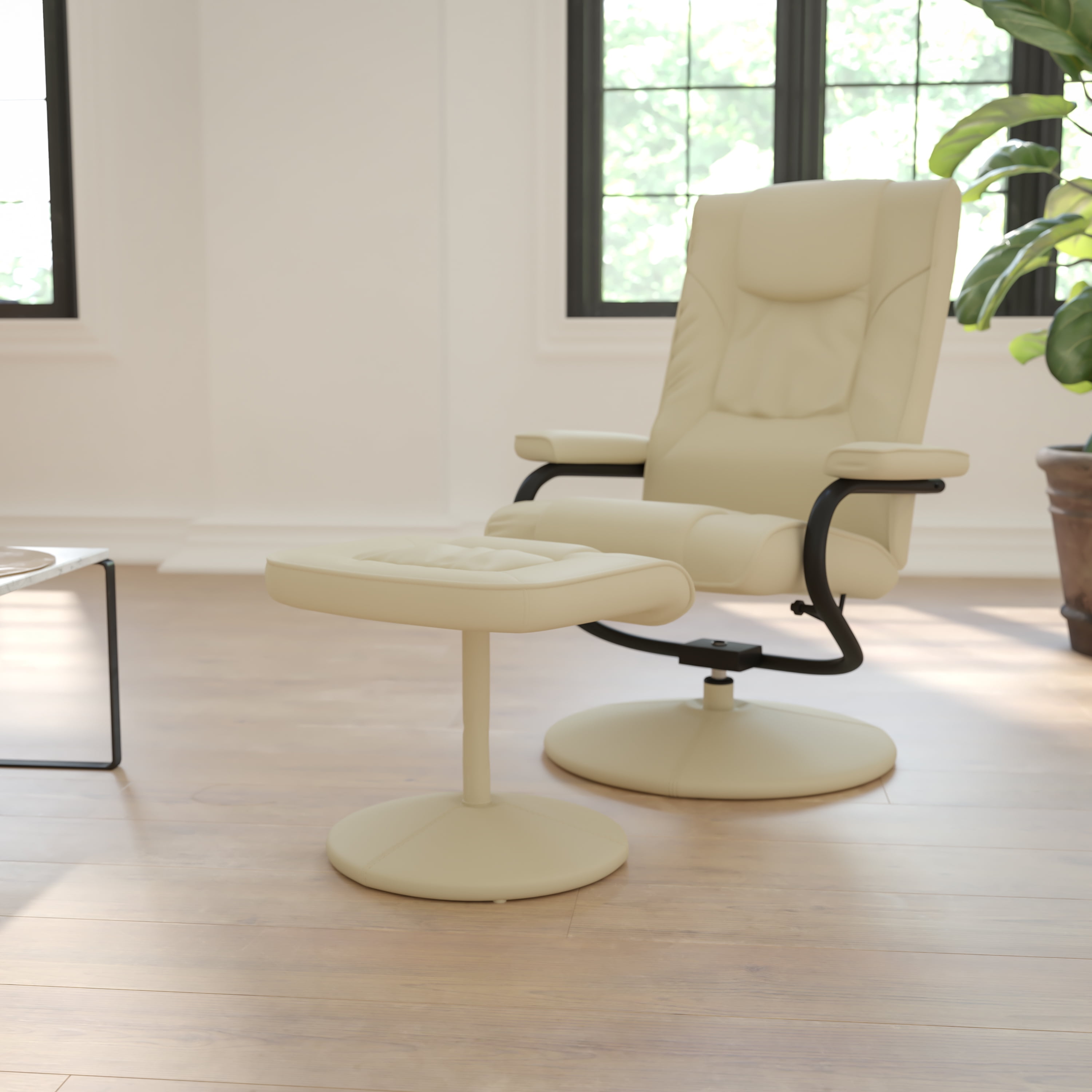 Cream Leather Swivel Recliner with Ottoman and Metal Base