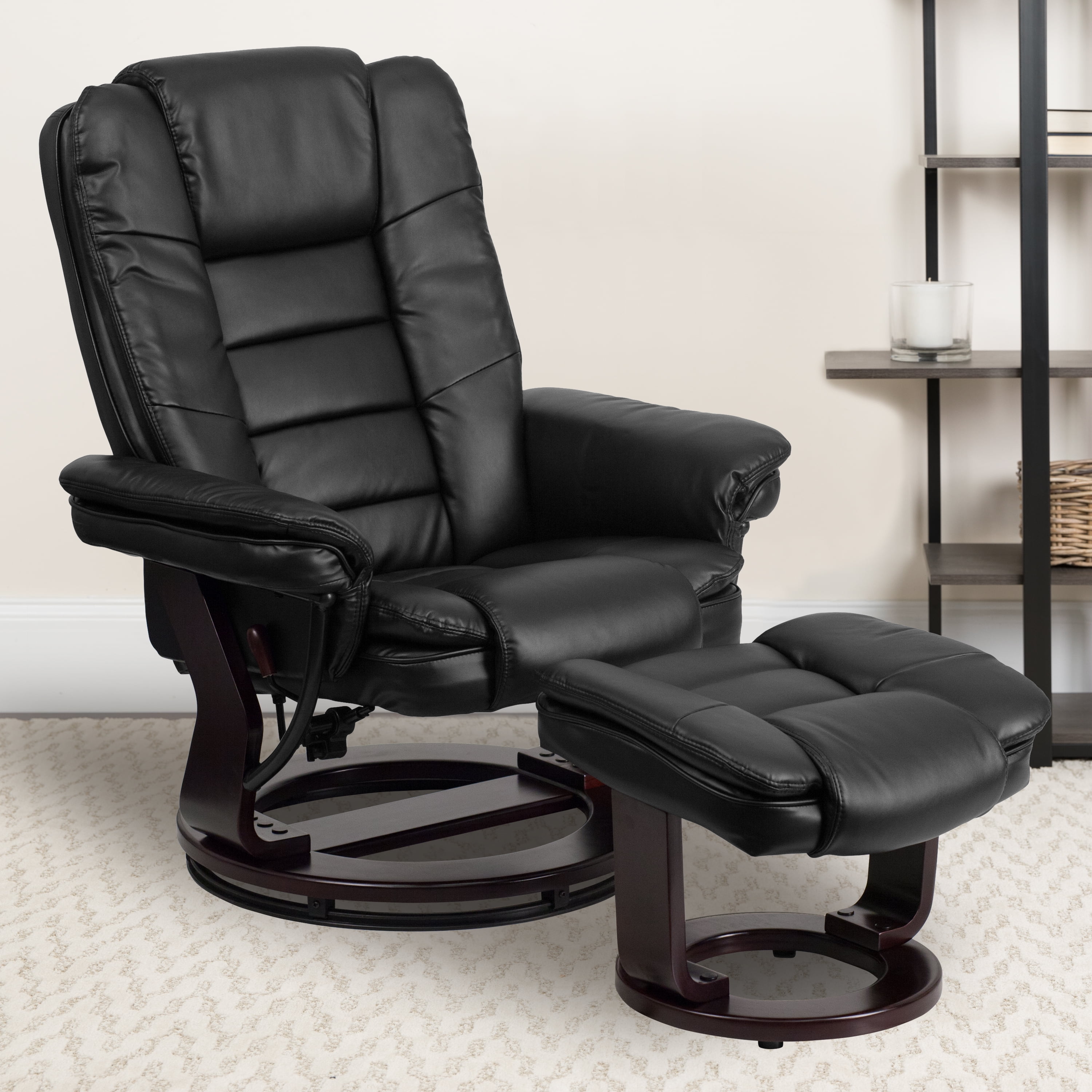 BizChair Contemporary Multi-Position Recliner with Horizontal Stitching and Ottoman with Swivel Mahogany Wood Base in Black LeatherSoft