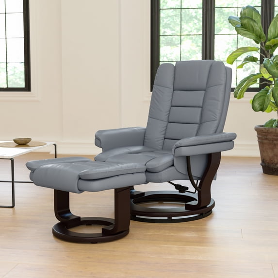 BizChair Contemporary Multi-Position Recliner with Horizontal Stitching and Ottoman with Swivel Mahogany Wood Base in Gray LeatherSoft