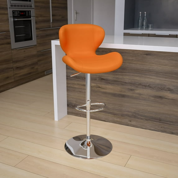 BizChair Contemporary Adjustable Height Barstool, Curved Back, Chrome Base, Orange Vinyl