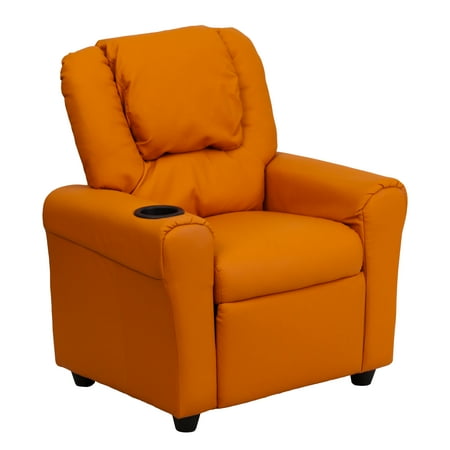 BizChair Contemporary Orange Vinyl Kids Recliner with Cup Holder and Headrest