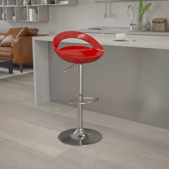 BizChair Contemporary Red Plastic Adjustable Height Barstool with Rounded Cutout Back and Chrome Base
