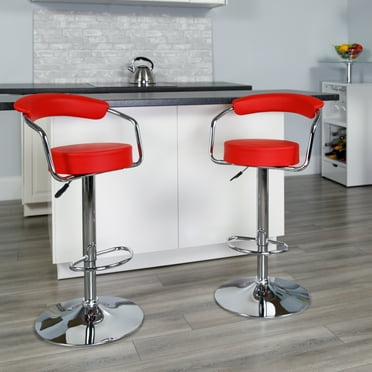 BizChair Contemporary Red Vinyl Adjustable Height Barstool with Arms and Chrome Base