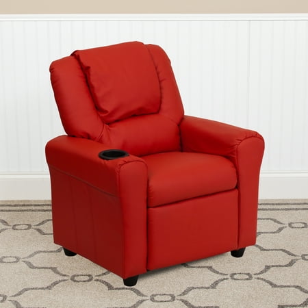 BizChair Contemporary Red Vinyl Kids Recliner with Cup Holder and Headrest