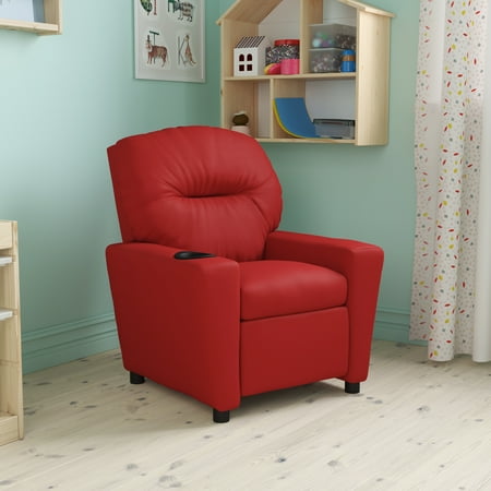 BizChair Contemporary Red Vinyl Kids Recliner with Cup Holder
