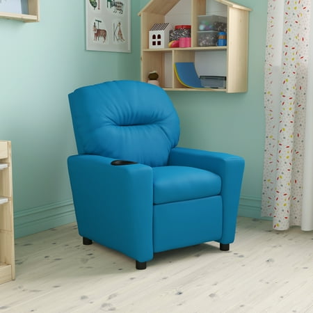BizChair Contemporary Turquoise Vinyl Kids Recliner with Cup Holder