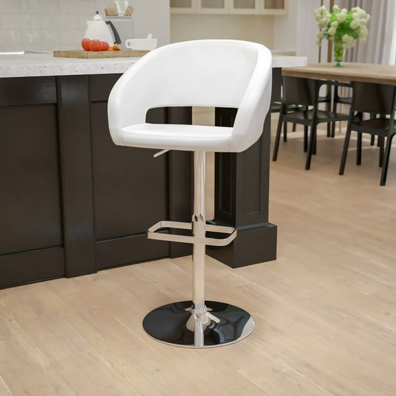 BizChair Contemporary White Vinyl Adjustable Height Barstool with Rounded Mid-Back and Chrome Base