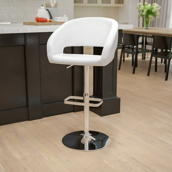 BizChair Contemporary White Vinyl Adjustable Height Barstool with Rounded Mid-Back and Chrome Base