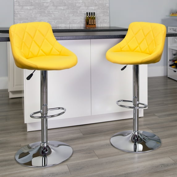 BizChair Contemporary Yellow Vinyl Bucket Seat Adjustable Height Barstool with Diamond Pattern Back and Chrome Base