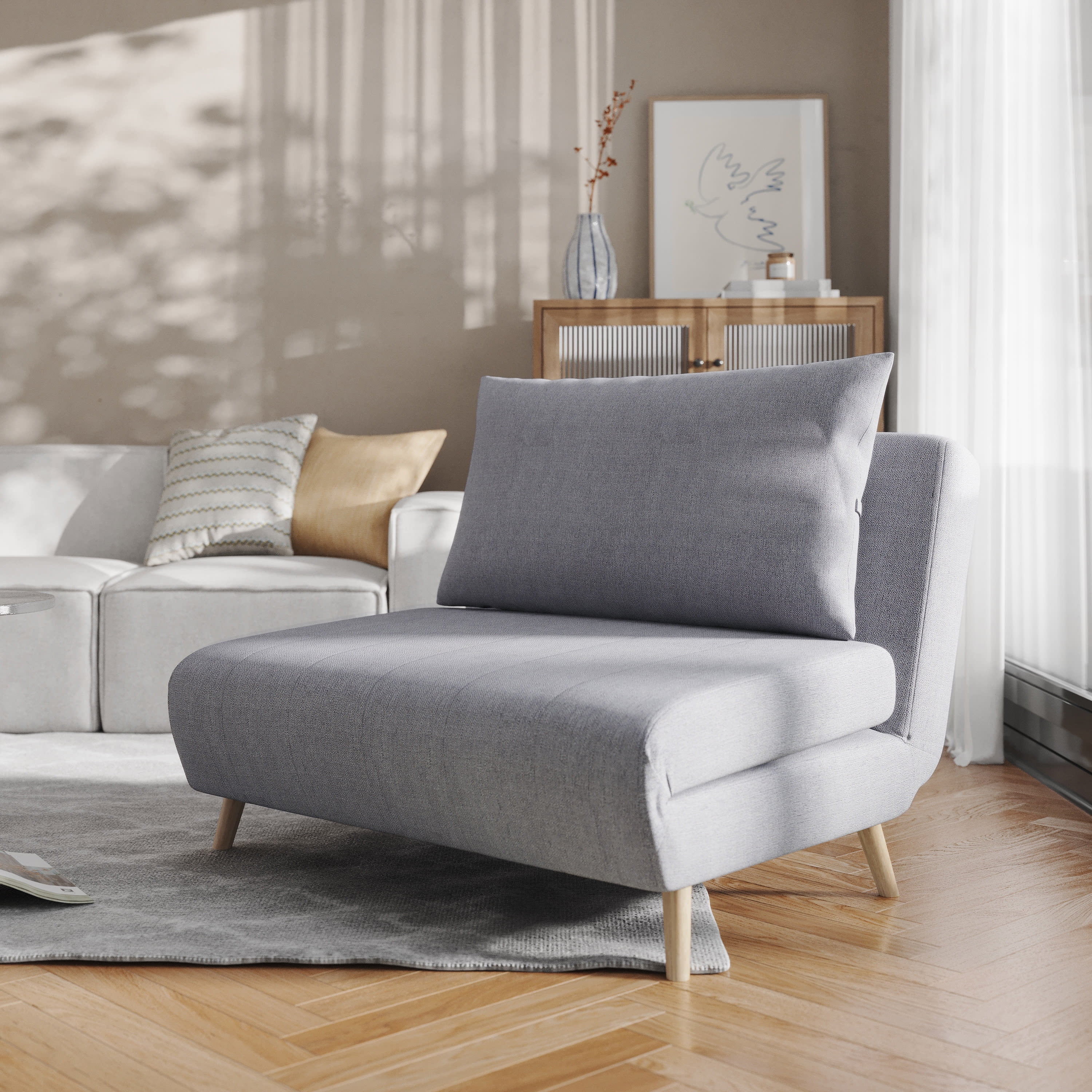 Light Gray Polyester Convertible Sleeper Chair with Wood Legs