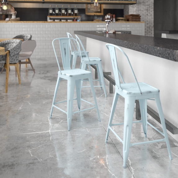 BizChair Counter Height High Distressed Bar Stool, Green Blue