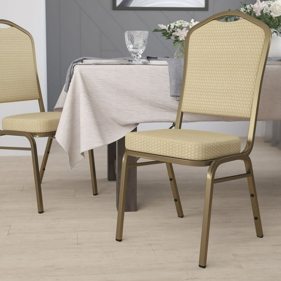 BizChair Crown Back Stacking Banquet Chair in Beige Patterned Fabric - Gold Frame
