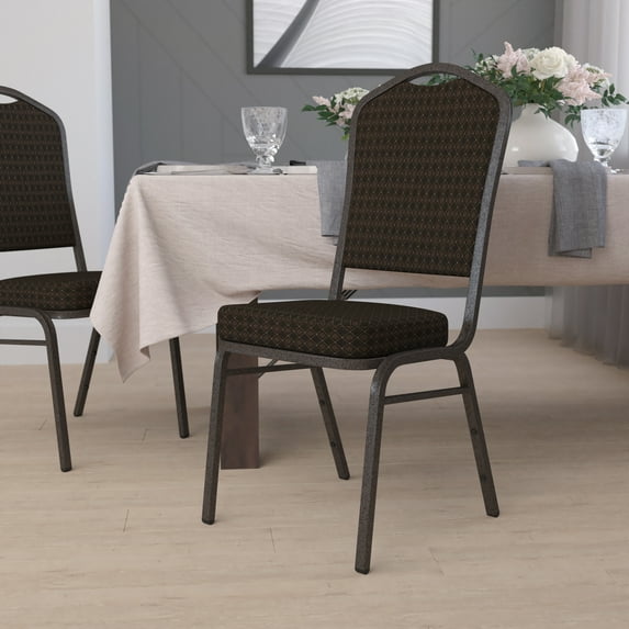 BizChair Crown Back Stacking Banquet Chair in Brown Patterned Fabric - Gold Vein Frame