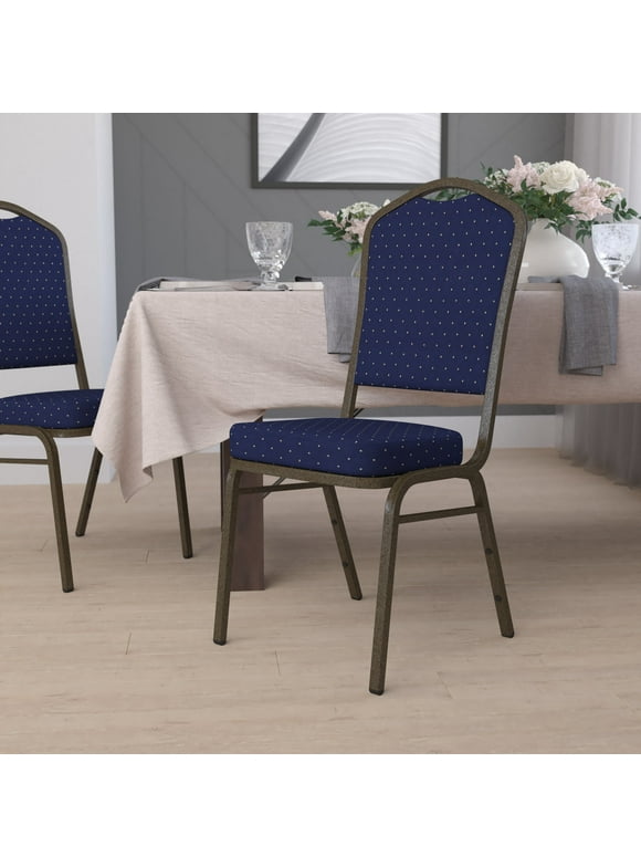 BizChair Crown Back Stacking Banquet Chair in Navy Blue Dot Patterned Fabric - Gold Vein Frame