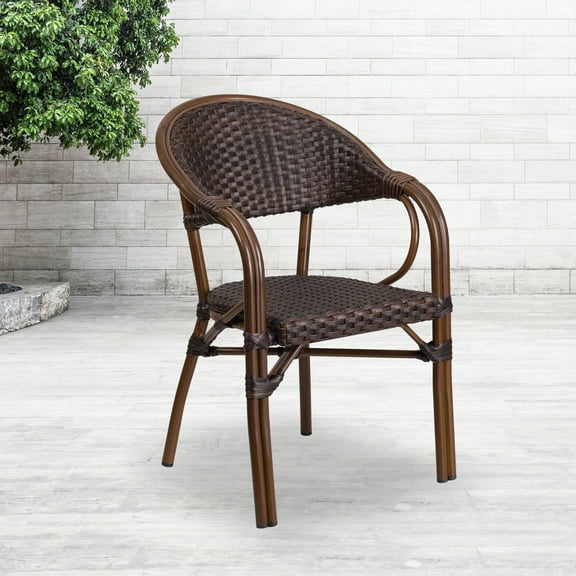 BizChair Dark Brown Rattan Restaurant Patio Chair with Red Bamboo-Aluminum Frame