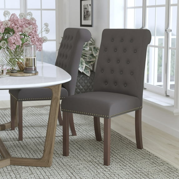 BizChair Dark Gray Fabric Parsons Chair with Rolled Back, Accent Nail Trim and Walnut Finish