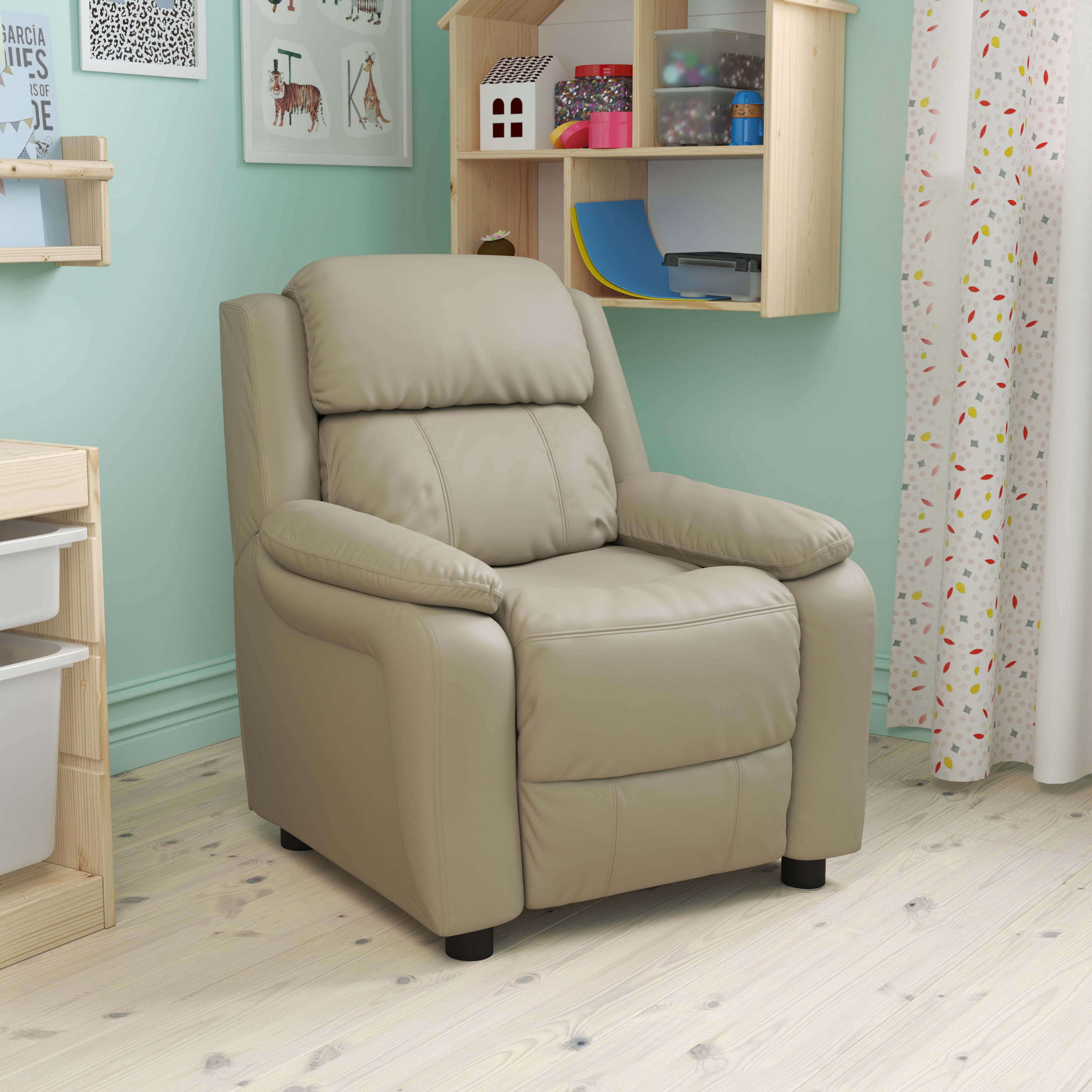 Comfy Spot Beige Microfiber Kids' Recliner with Cup Holder