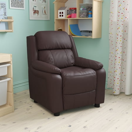 BizChair Deluxe Padded Contemporary Brown LeatherSoft Kids Recliner with Storage Arms