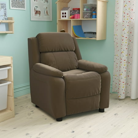 BizChair Deluxe Padded Contemporary Brown Microfiber Kids Recliner with Storage Arms