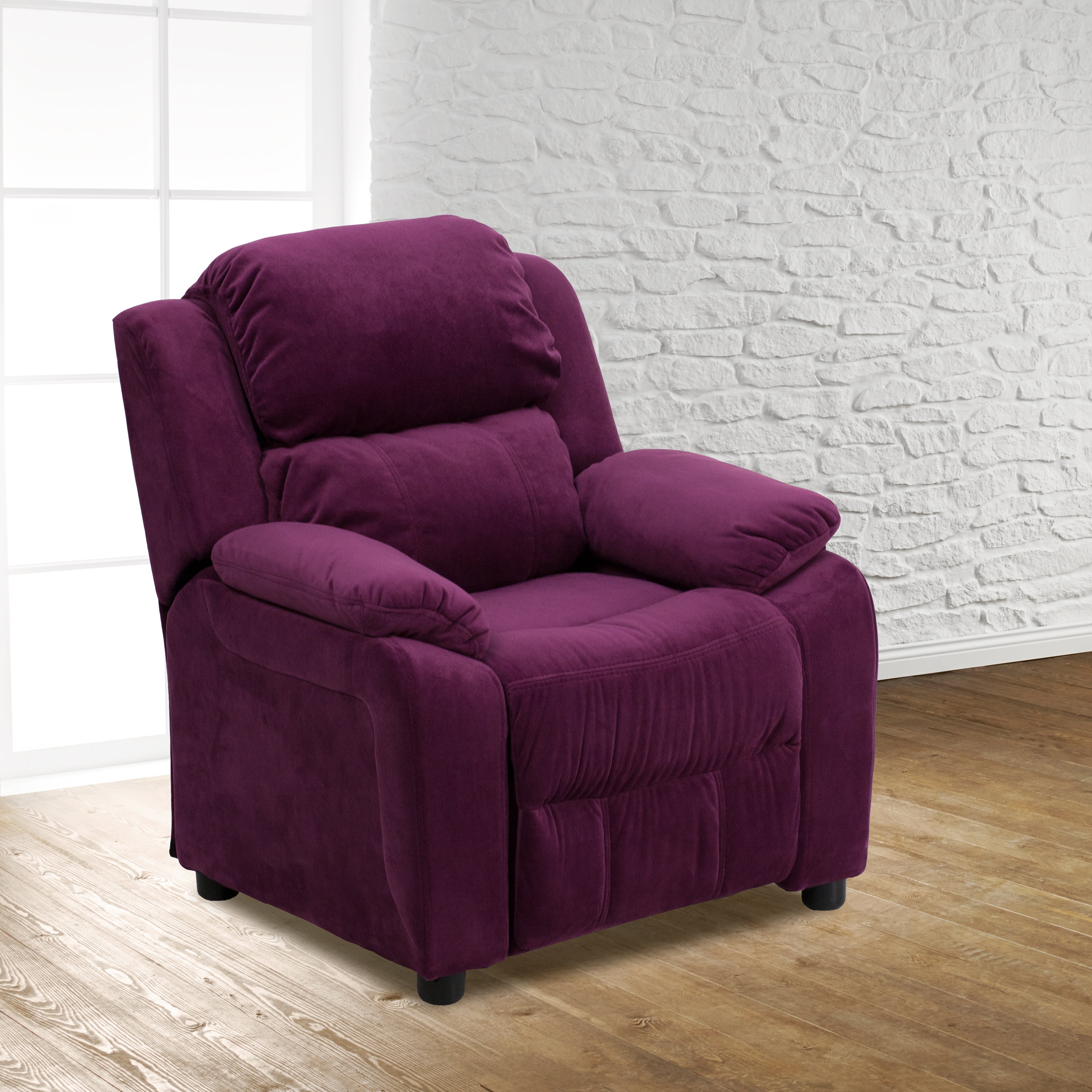 BizChair Deluxe Padded Contemporary Purple Microfiber Kids Recliner with Storage Arms