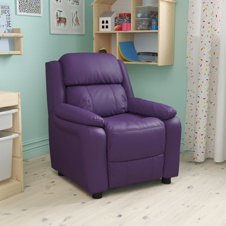 BizChair Deluxe Padded Contemporary Purple Vinyl Kids Recliner with Storage Arms