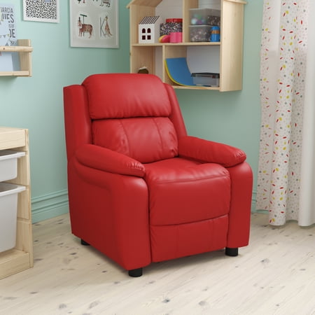 BizChair Deluxe Padded Contemporary Red Vinyl Kids Recliner with Storage Arms