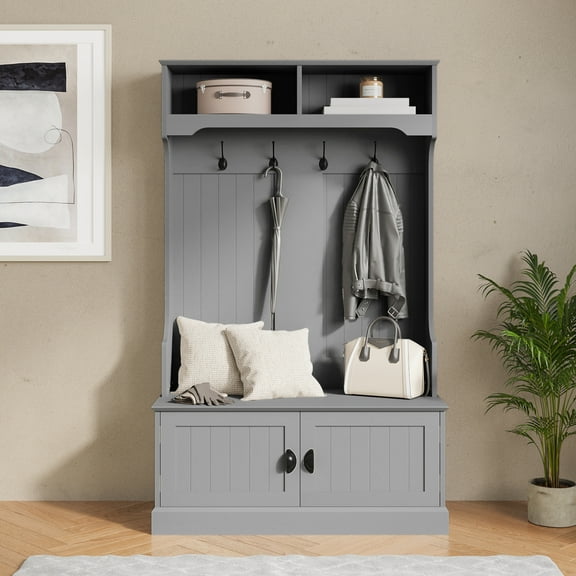 BizChair Double Door 2 Upper Storage Cubbies Coat Rack Storage Bench Hall Tree