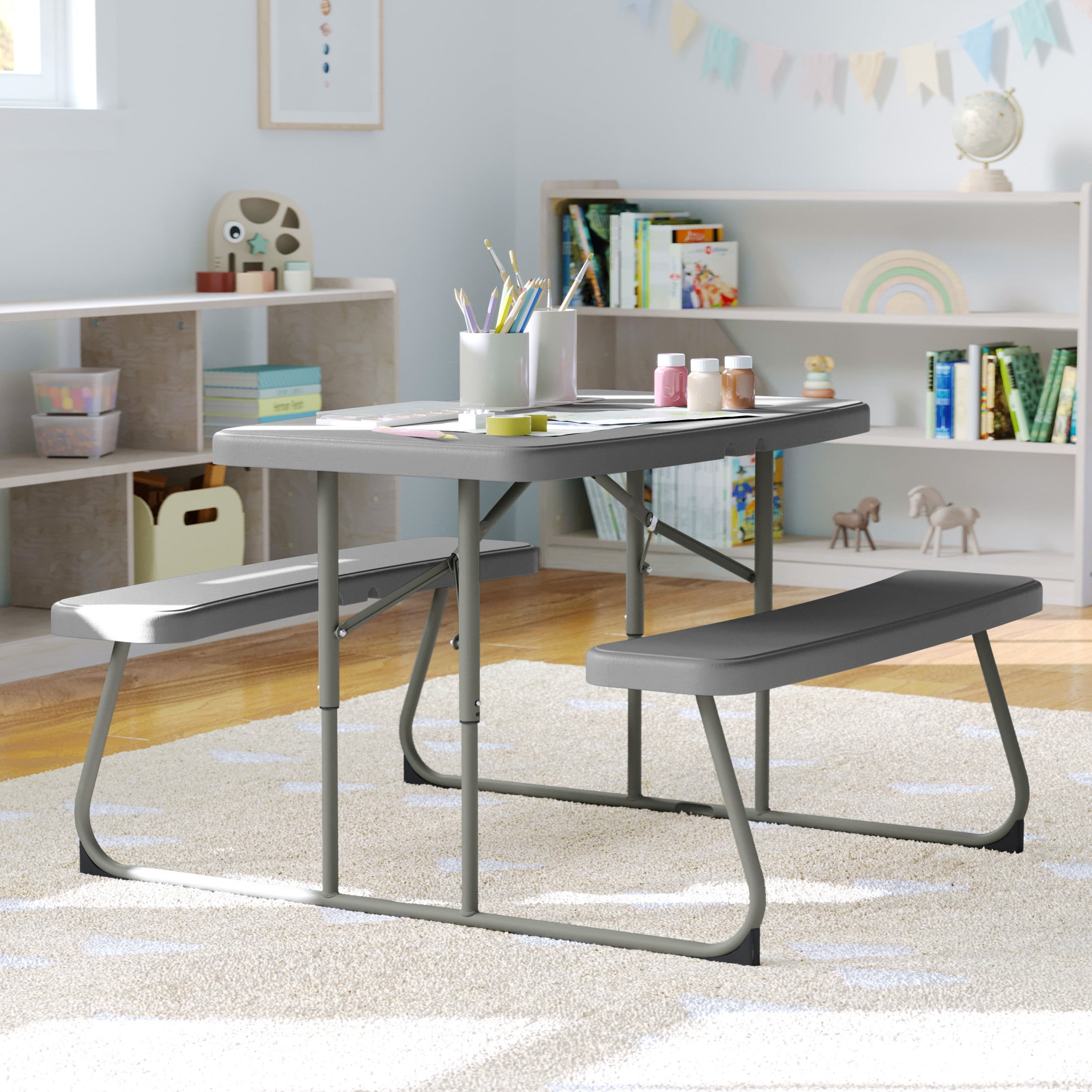 BizChair Kids Folding Picnic Table, Easy-Fold, Gray, Waterproof