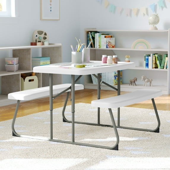 BizChair Easy-Fold White Folding Plastic Kids Outdoor Picnic Table and Benches - Commercial Grade - Seating for 4 Kids