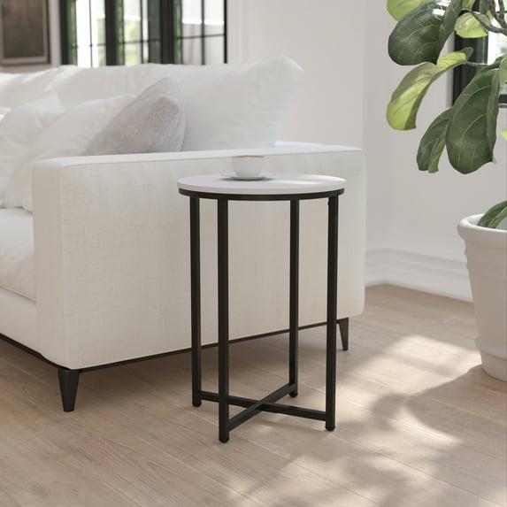 BizChair End Table - Modern White Finish Accent Table with Crisscross Matte Black Frame