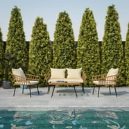 Lark 7 Piece All-Weather Deck or Patio Set with Stacking Faux Teak Chairs, Faux Teak Table & Umbrella with Base