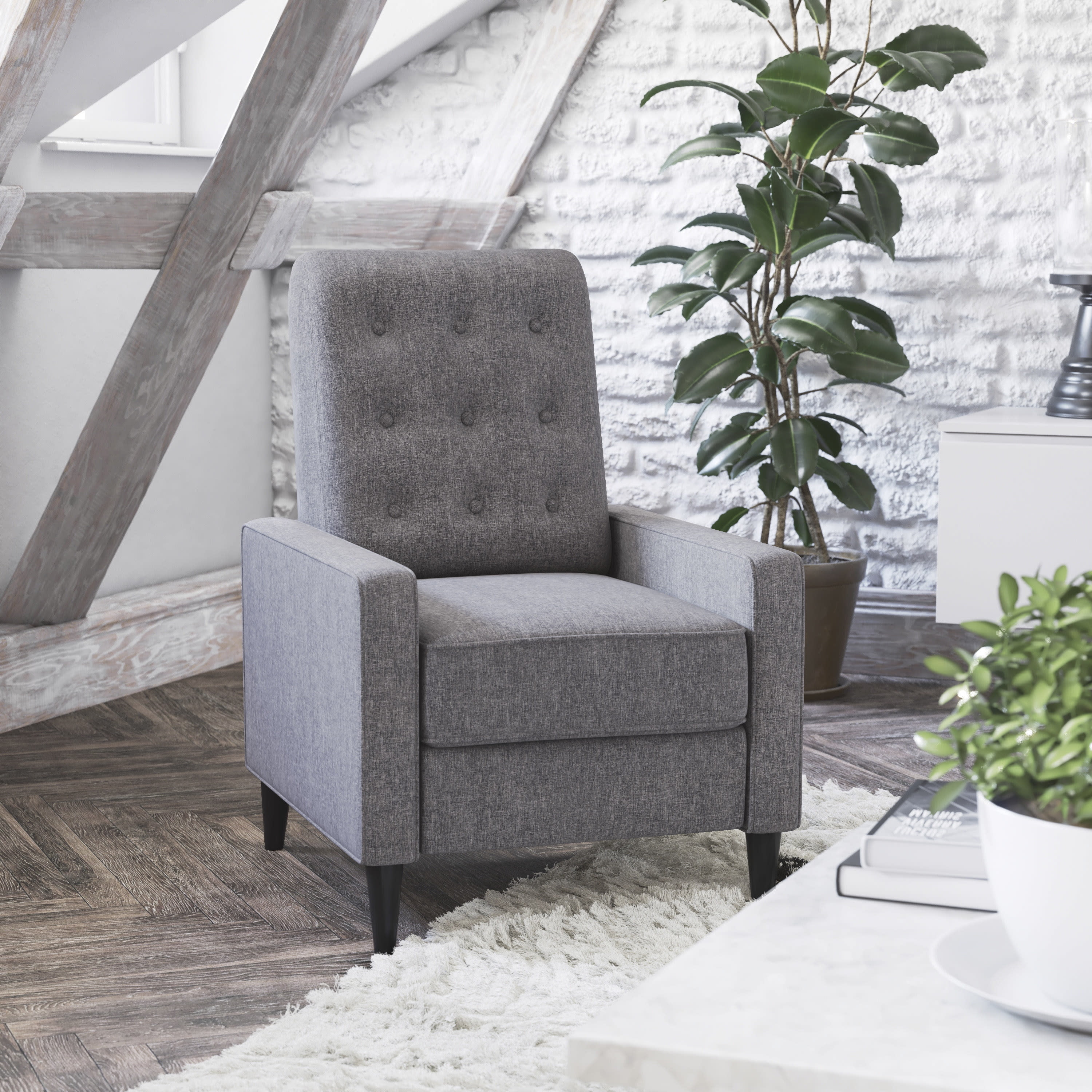 Modern Gray Leather Pushback Recliner with Metal Accents
