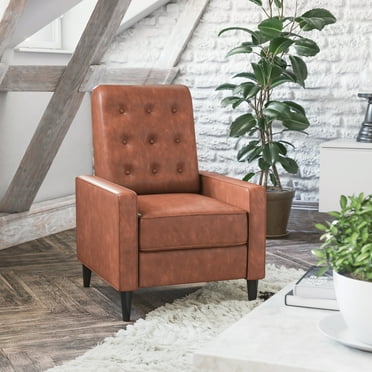 BizChair Ezra Mid-Century Modern LeatherSoft Upholstered Button Tufted Pushback Recliner in Cognac Brown for Residential & Commercial Use