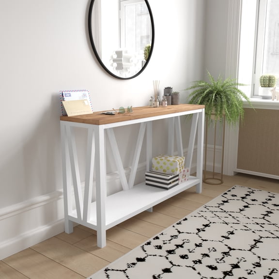 BizChair Farmhouse 2-Tier Console Accent Table - Brushed White Finish Engineered Wood Frame - Warm Oak Finish Tabletop - For Entryway or Living Room