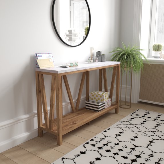 BizChair Farmhouse 2-Tier Console Accent Table - Warm Oak Finish Engineered Wood Frame - Marble Finish Tabletop - For Entryway or Living Room